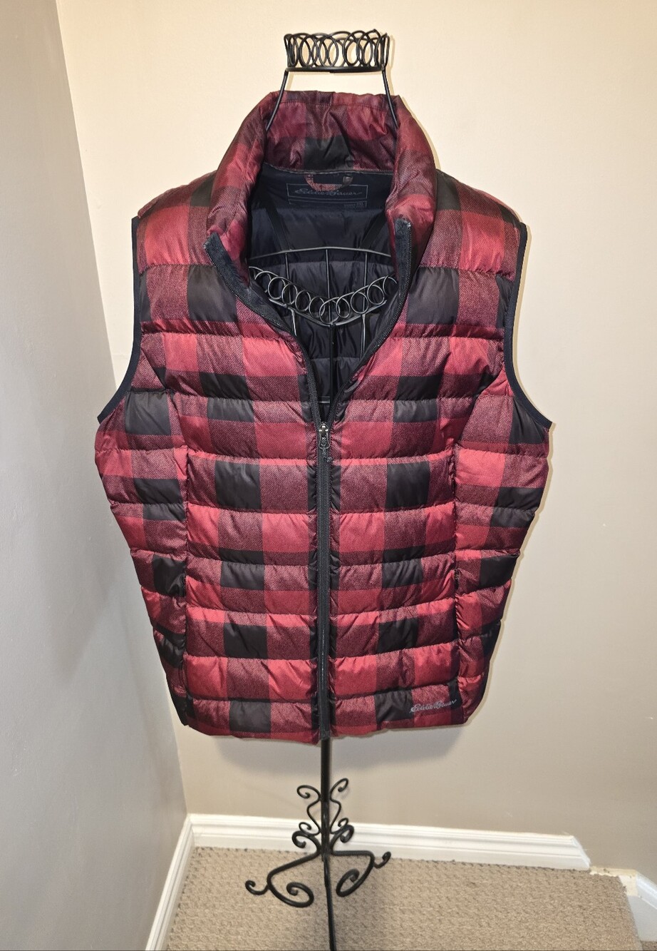Eddie Bauer Red and Black Plaid Quilted Puffer Vest